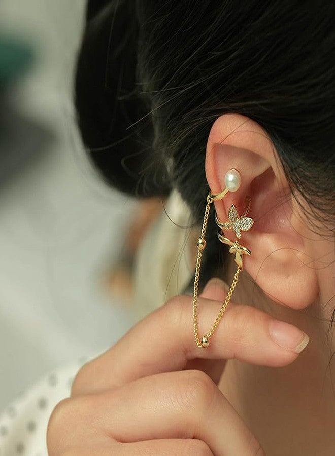 Cicod Ear Cuff Earrings for Women No Piercing Zircon Star Heart Pearl cuffs Helix Cartilage Clip On Wrap Earring Adjustable Ear Cuffs Prom Jewelry for Women (Butterfly Chain) - Image 4